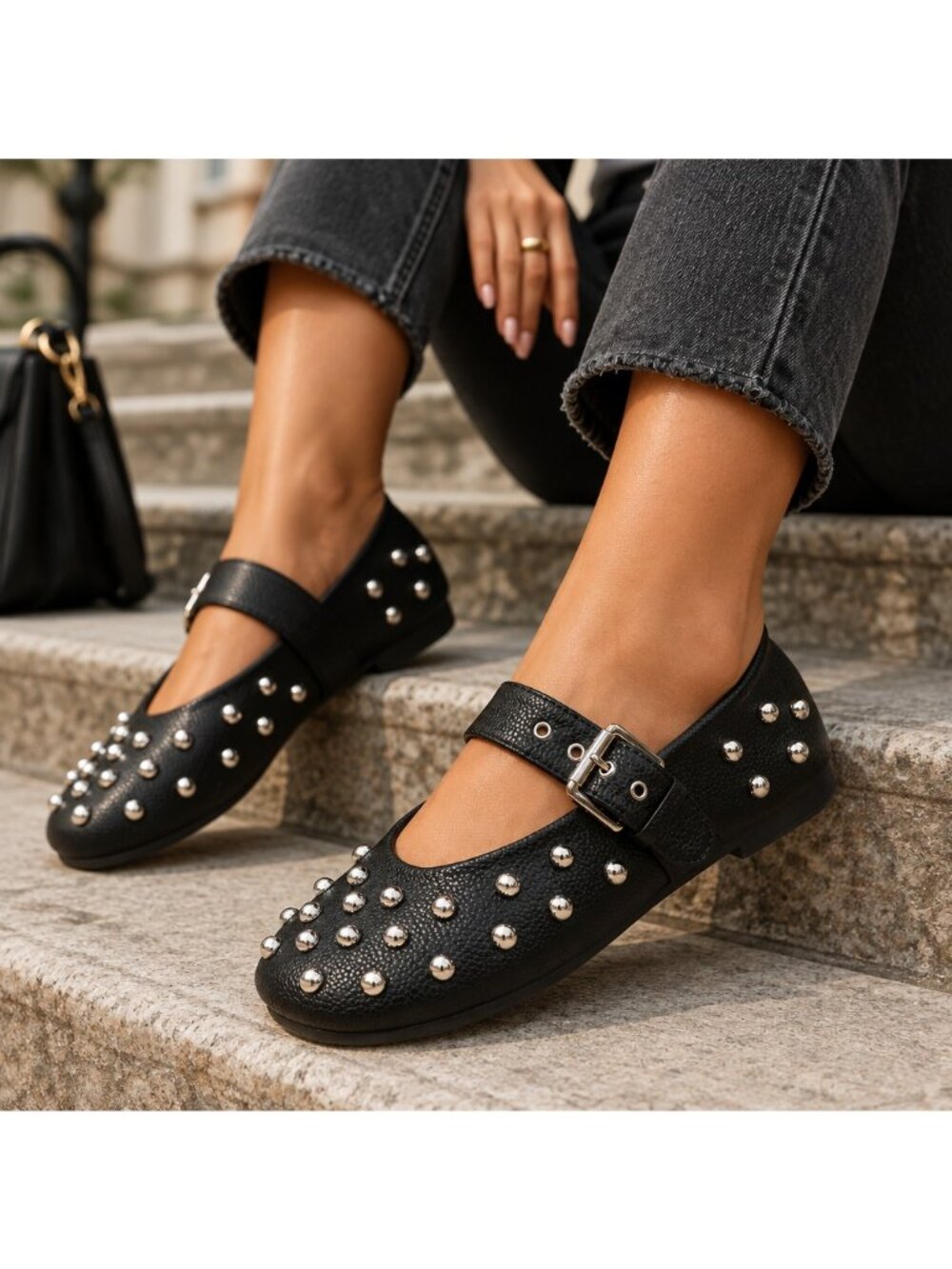 Studded Mary Jane Ballet Flats Faux Pebble Leather Round Toe Buckle Strap Shoes